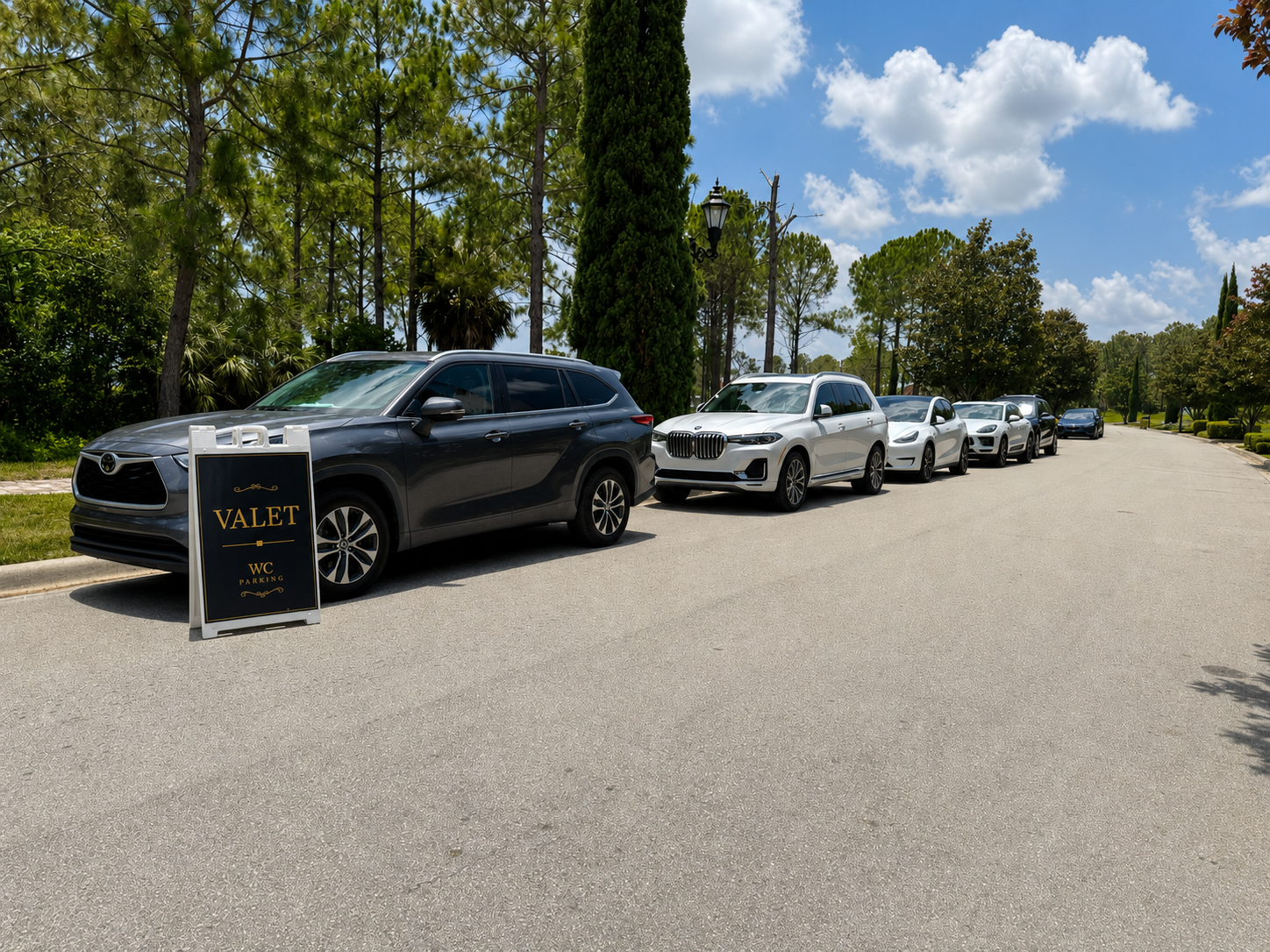 Line of vehicles queued for WC Parking valet service