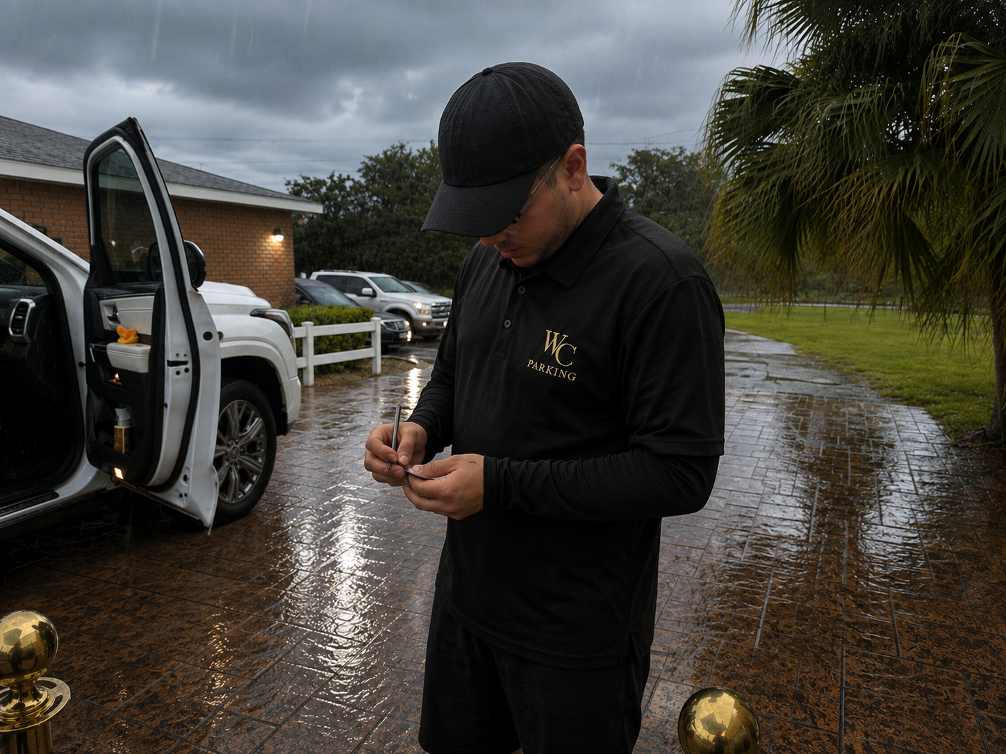WC Parking attendant writing a numbered valet ticket